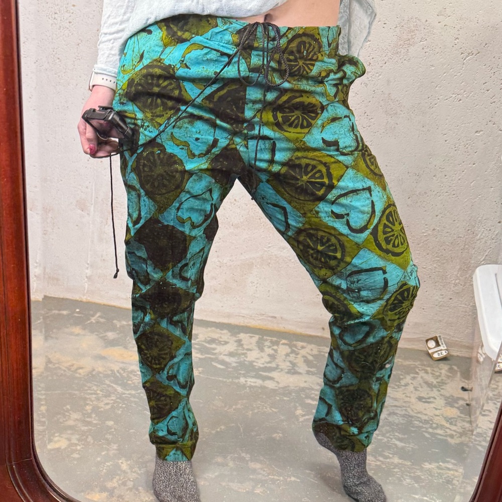 Handmade Casual Relaxed Teal and Black Abstract Print Drawstring Pants Boho - Picture 8 of 8
